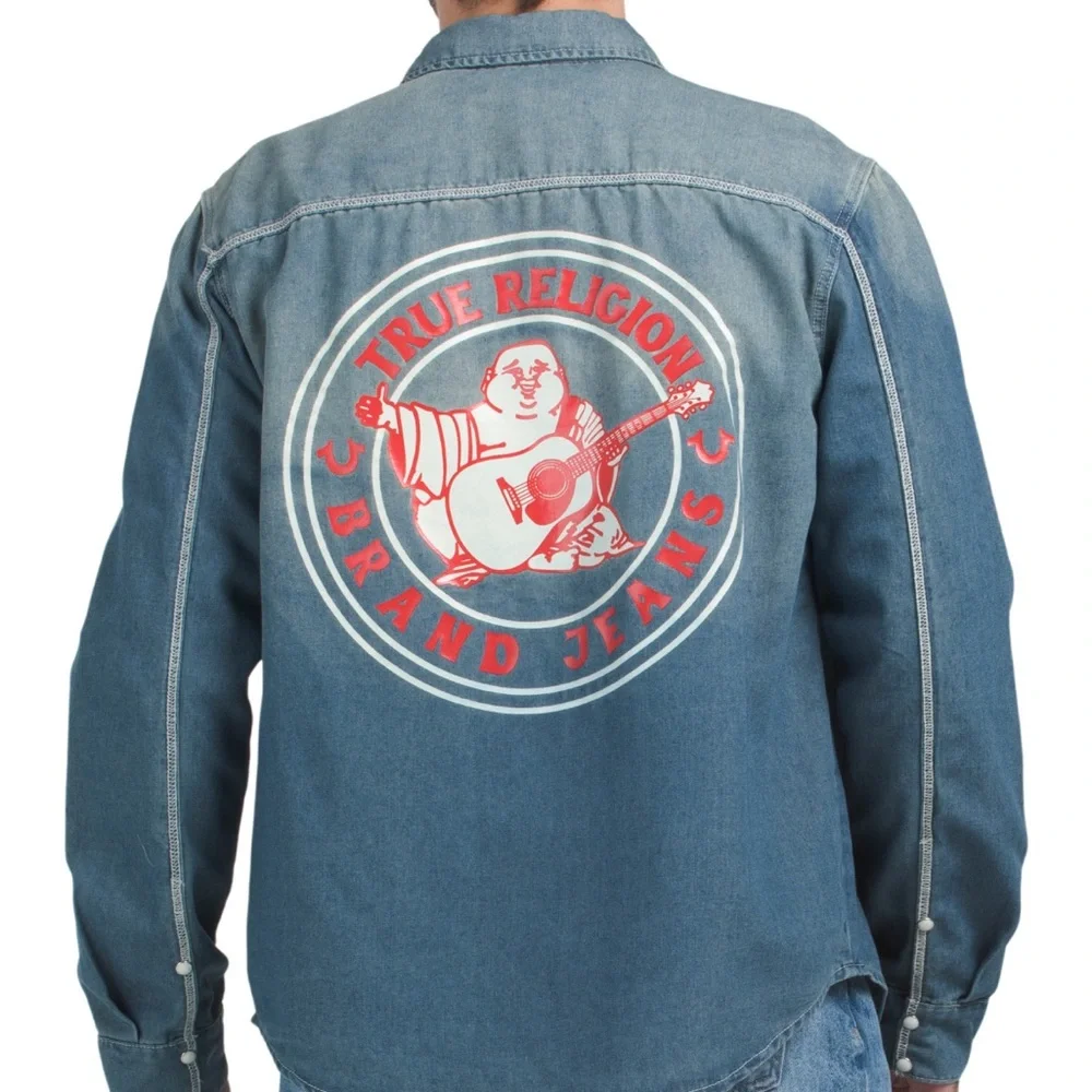 True Religion Blue Denim Shirt with Red Graphic